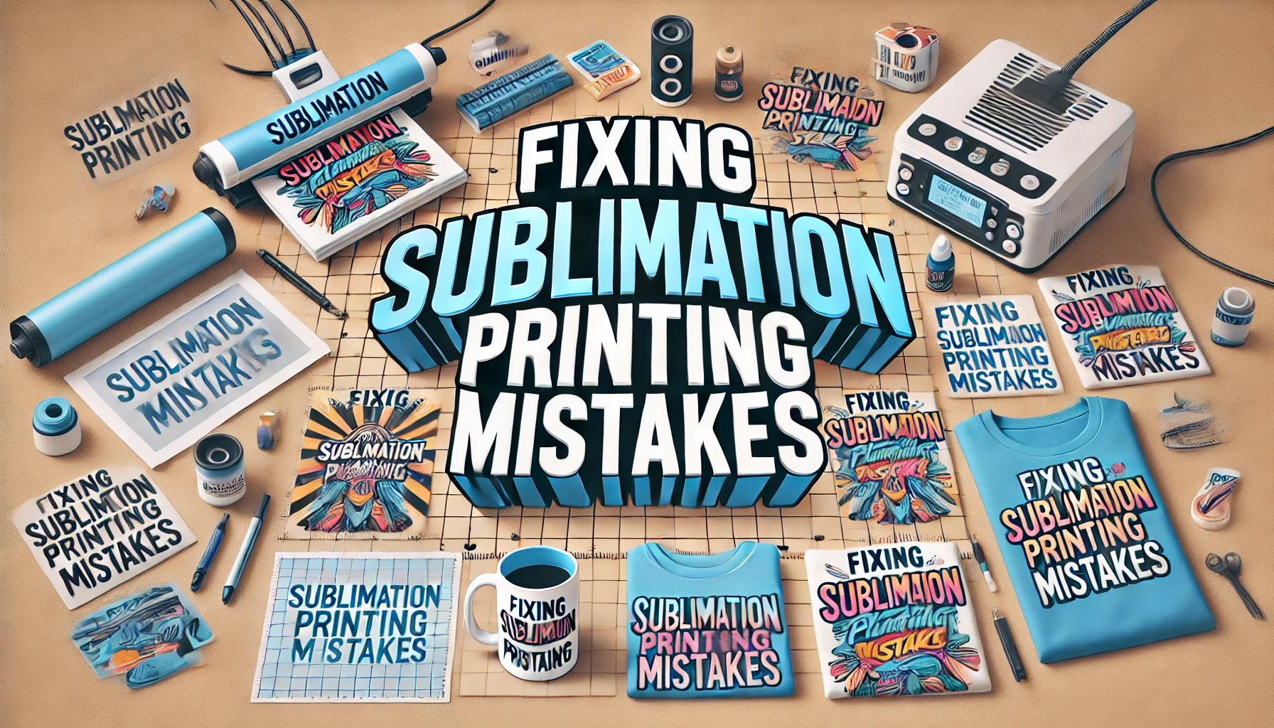 An image featuring the text 'Fixing Sublimation Printing Mistakes' in bold, clear lettering. The background includes subtle elements related to sublimation printing, such as a heat press machine, sublimation printer, transfer paper, and vibrant prints on various substrates like mugs and t-shirts.