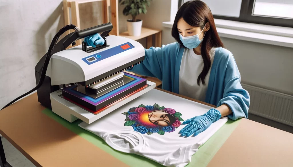 a woman applying sublimation transfer on shirt.