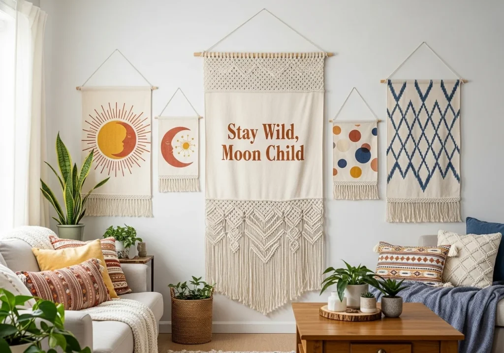 Fabric wall art and motivational quotes printed on cotton canvases.