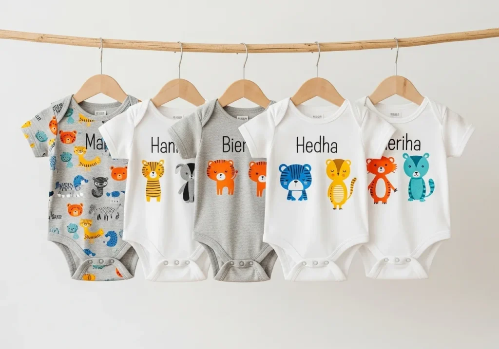 Custom baby and kids’ clothing with name prints and playful themes.