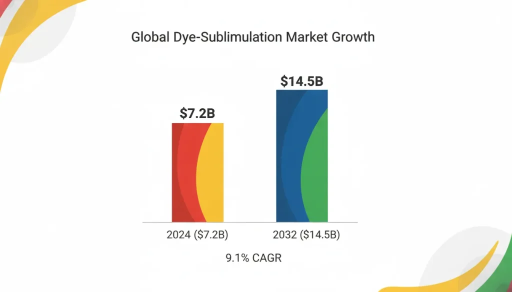 Bar chart showing global dye-sublimation market growth from 2024 ($7.2B) to 2032 ($14.5B) at a 9.1% CAGR.