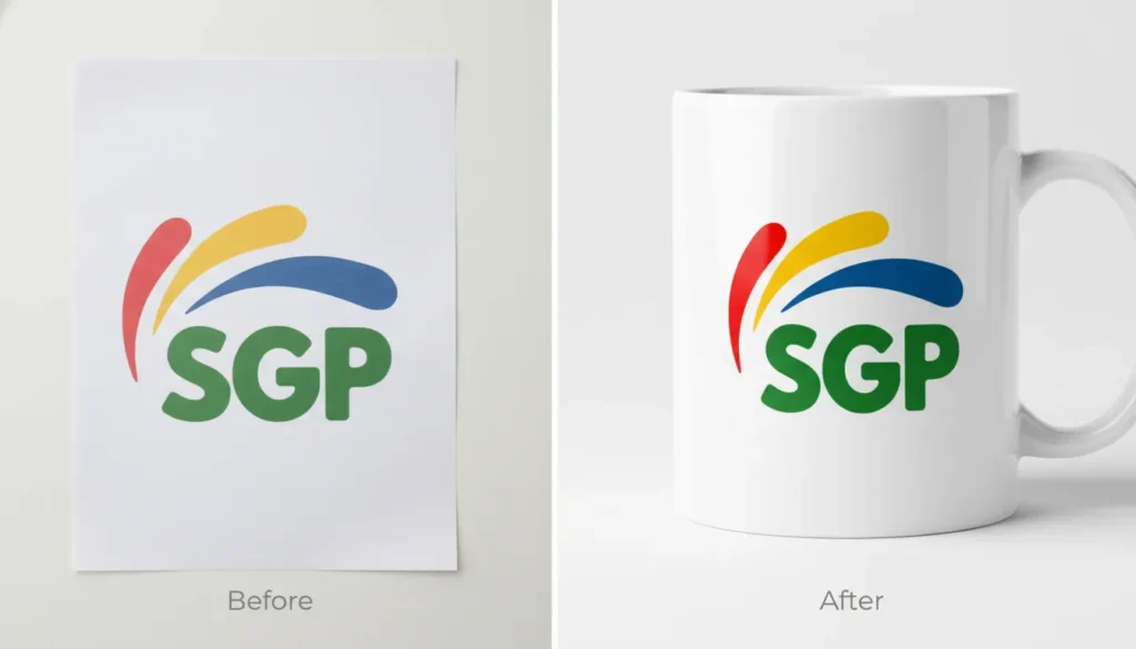 Before and after sublimation print comparison showing dull vs vibrant color results.