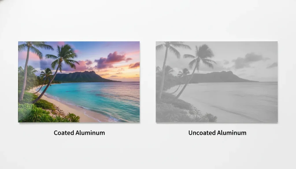 Comparison of coated and uncoated aluminum panels showing differences in sublimation print vibrancy.