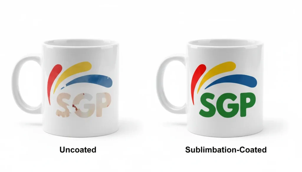 Side-by-side comparison of uncoated and sublimation-coated mugs showing color difference and print quality.