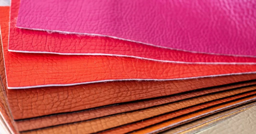 Close-up view of stacked faux leather sheets in various colors including red, pink, orange, and brown with visible textures.