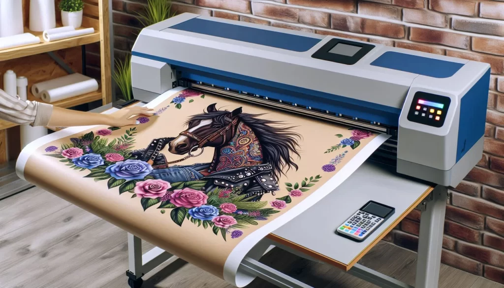 A large format sublimation printer is printing a colorful design featuring a horse with intricate details and floral patterns onto faux leather material. The printed faux leather is being guided by a hand, and there’s a calculator on the table next to the printer.