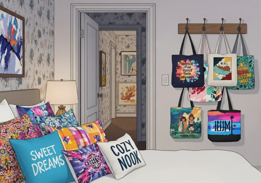 Decorative cotton pillows and custom-printed tote bags on display.
