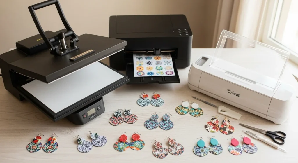 Heat press and Cricut setup with sublimation tools and printed faux leather earrings on table.