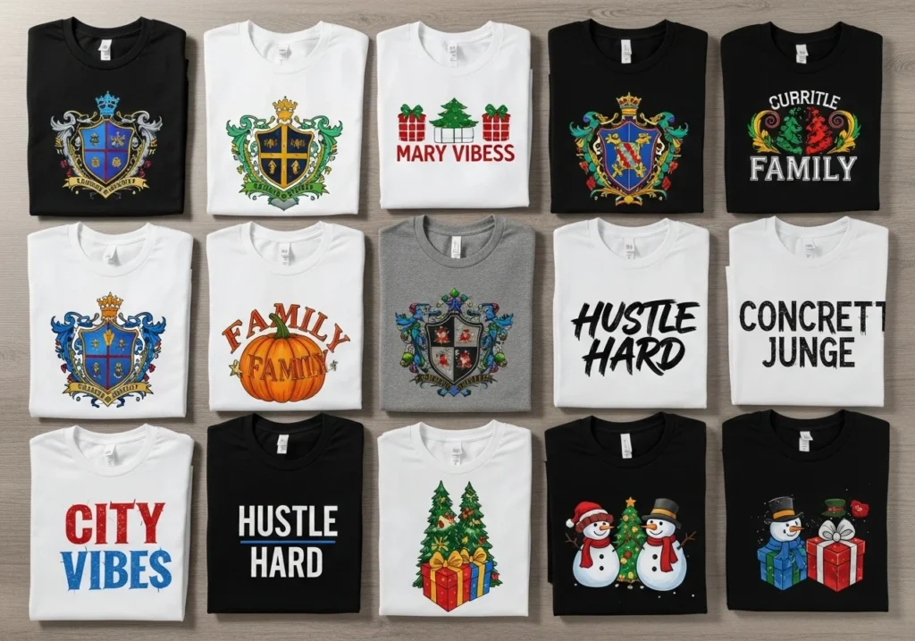Custom cotton shirts and hoodies with family, festive, and promotional designs.