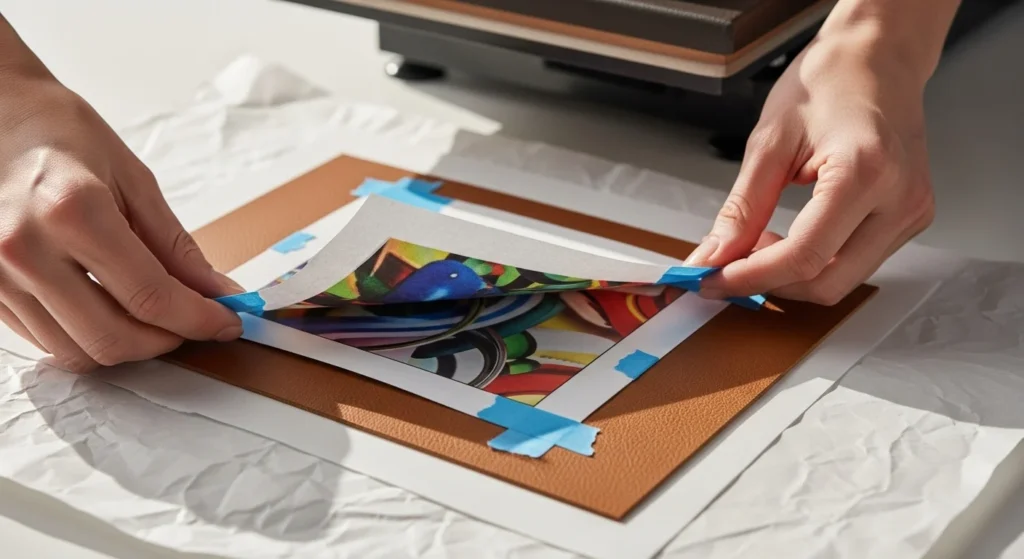 Hands taping sublimation paper onto white faux leather before heat pressing.