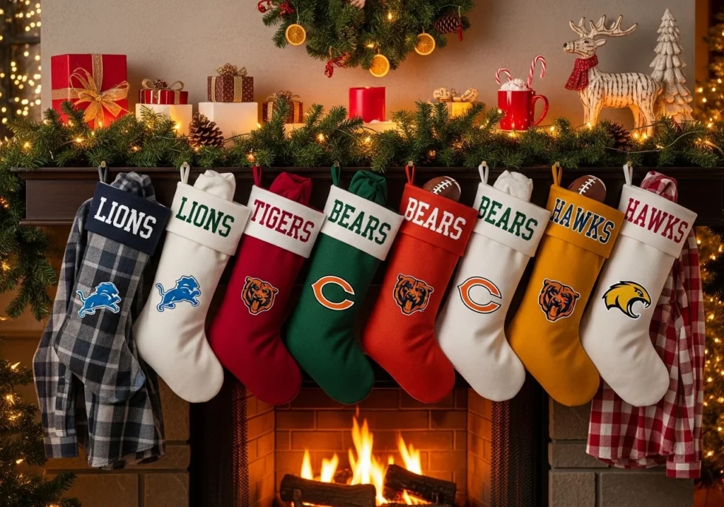 Holiday and event-themed sublimated cotton items like stockings and sportswear.