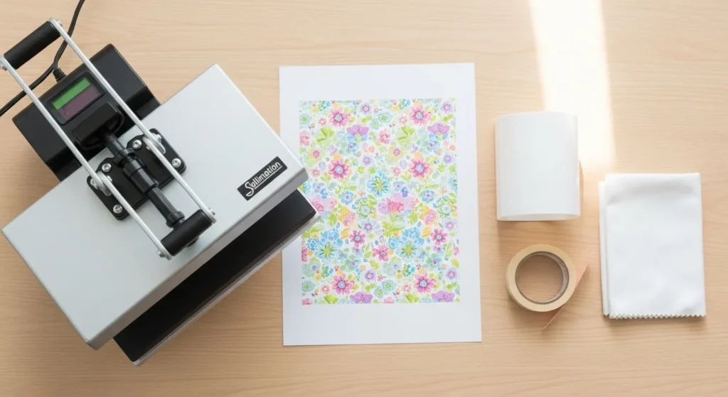 Tools and materials laid out for sublimation on plastic, including a heat press, printed design, plastic blank, tape, and cleaning cloth.