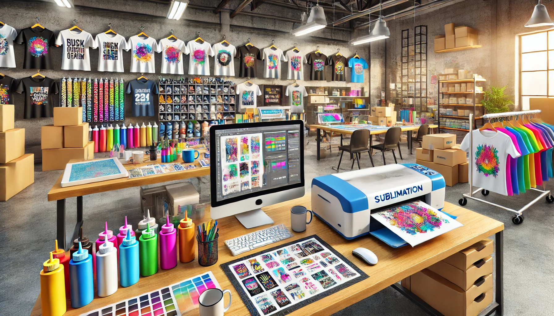 A vibrant and busy sublimation printing workspace featuring equipment like sublimation printers, heat presses, and racks of colorful blanks such as t-shirts, mugs, and phone cases. Supplies like sublimation inks and transfer papers are neatly arranged, with a computer showing design software.