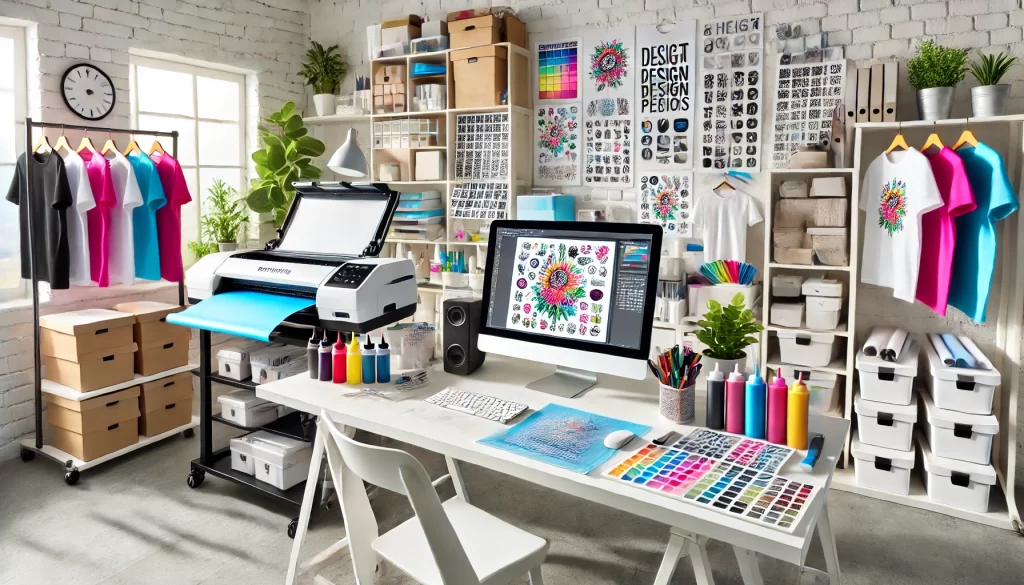 A bright and organized sublimation printing workspace with sublimation printers, heat presses, and neatly arranged supplies, including sublimation inks, transfer papers, and blanks like t-shirts, mugs, and phone cases. A computer displaying design software is also visible.