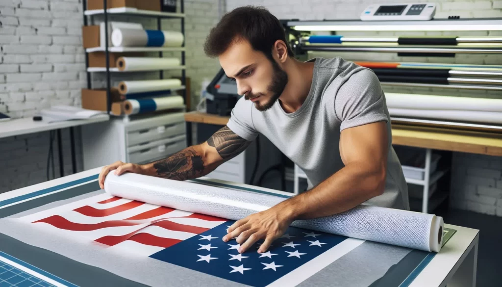 A man wrapping a Sublimation Protective Paper on a print.