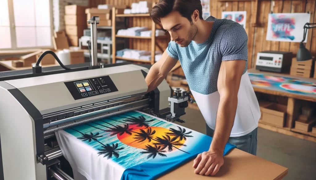 a man printing cotton shirt with sublimation.