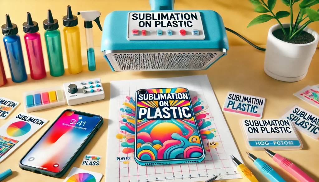 Thumbnail image for blog post titled 'Sublimation on Plastic' with a heat press machine and colorful plastic items being sublimated.