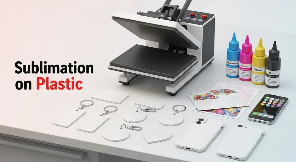 Sublimation tools with plastic blanks, ink, and heat press on a clean workbench.