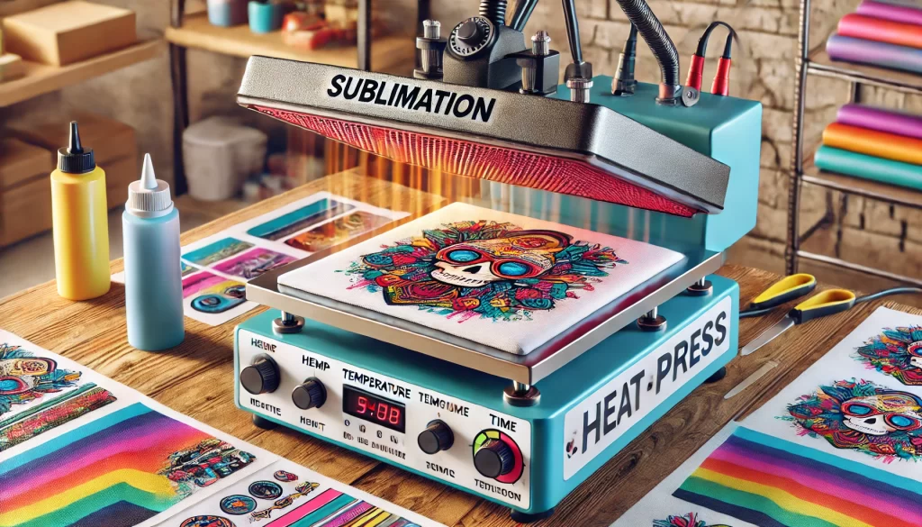 A heat press machine applying heat and pressure to a plastic item for sublimation, with a workshop setting in the background.