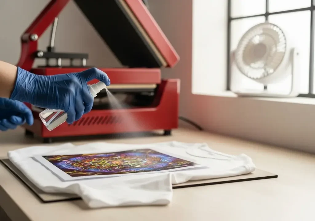 Person spraying thermal adhesive on sublimation paper with a heat press in the background and proper ventilation setup.