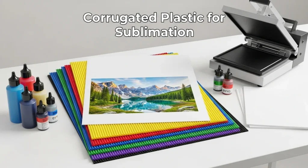 Corrugated plastic sheets with sublimation print, ink, and heat press on a white table.