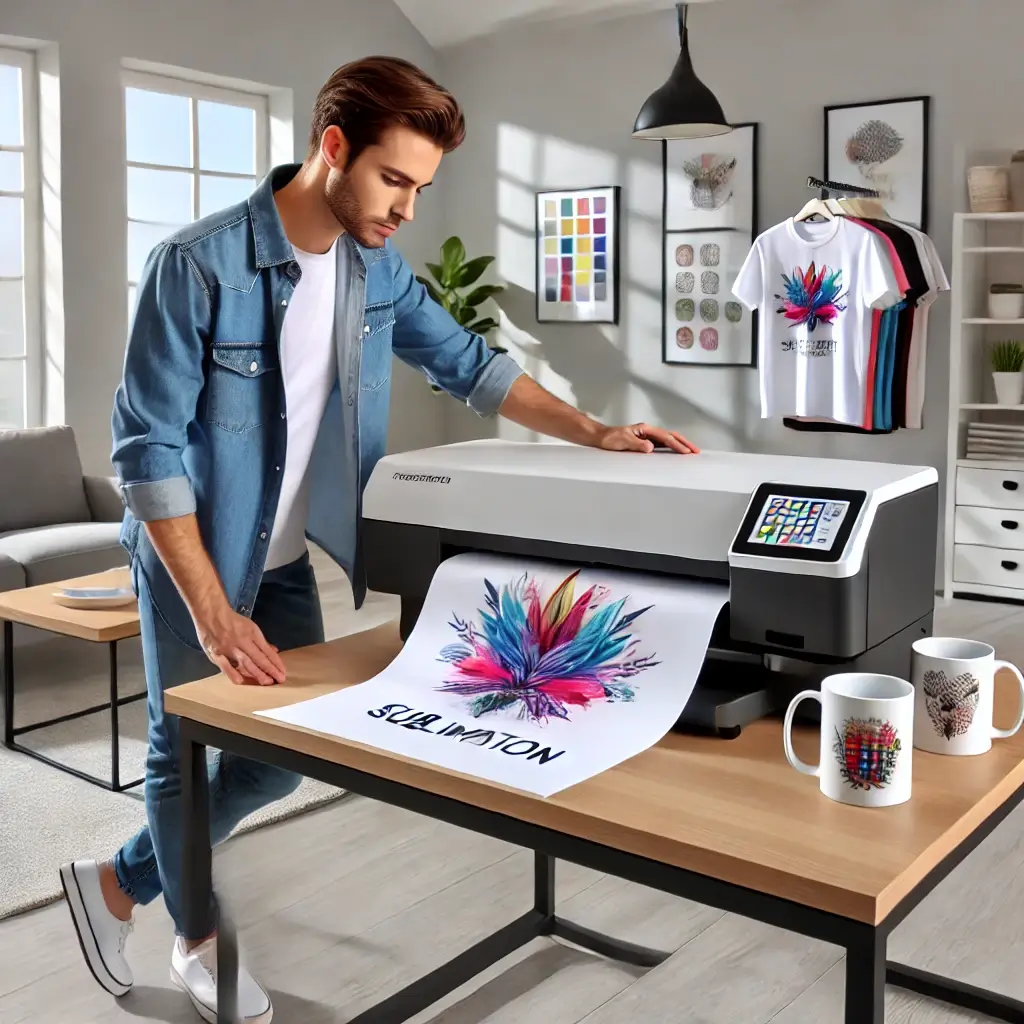 A man operates a color sublimation printer in a modern home, surrounded by contemporary decor and vibrant printed items.