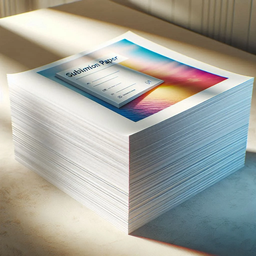 A stack of uncoated sublimation paper, ready to be used for printing. The paper is white and the stack is sitting on a flat surface.