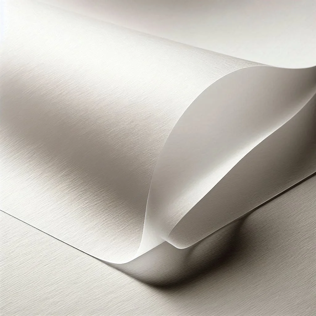 A piece of vellum paper is shown, it is smooth and translucent. The paper is made from cotton or wood pulp and is often used for tracing, overlays, or artistic purposes.