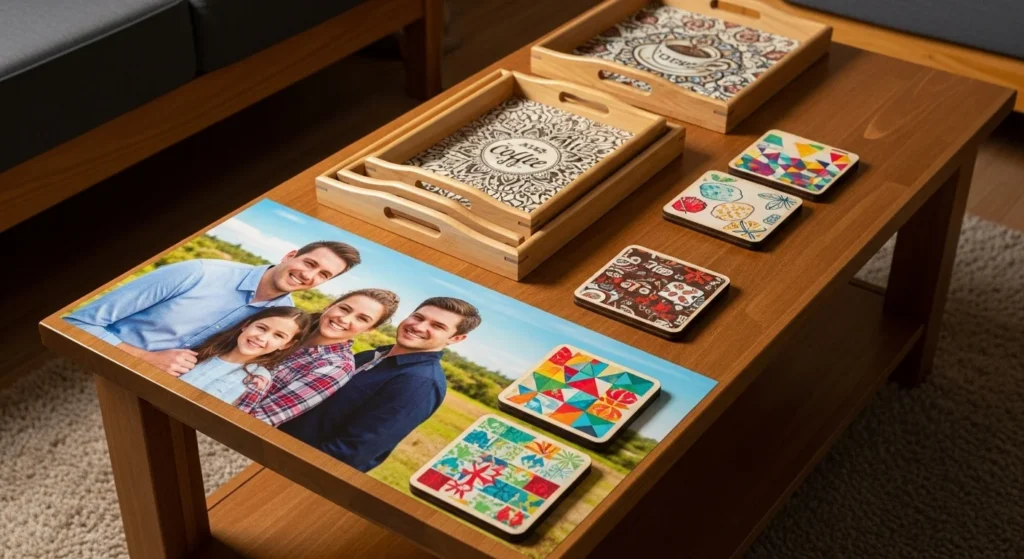 Custom sublimation furniture and décor including a photo tabletop, floral trays, and geometric coasters in a cozy living room.