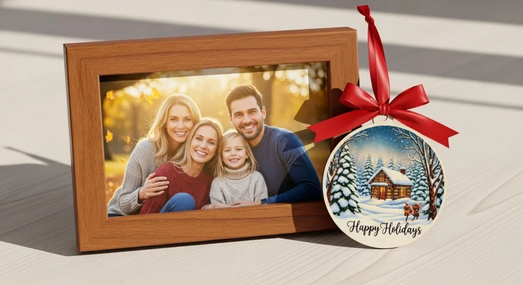A custom photo frame and festive ornament showing vibrant print quality.
