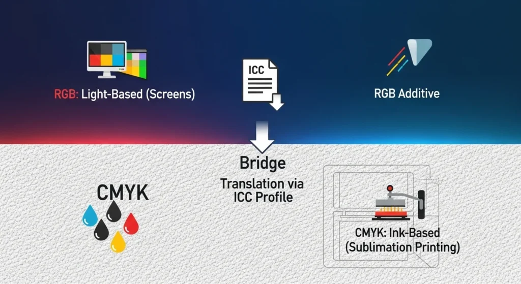 Vertical infographic: RGB (screen with light rays) transitions via ICC profile icon to CMYK (ink droplets + heat press on fabric). Labels explain light-based vs. ink-based color models.