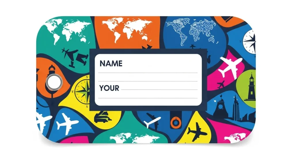 Flat sublimation design for a luggage tag, bold and vibrant pattern, clean vector shapes, modern travel theme, includes space for name and contact details, high-contrast colors for visibility, centered layout, rounded rectangle artboard, no shadows, no mockup, no 3D elements, no lighting effects, print-ready artwork only, 300 dpi, seamless edge-to-edge design.