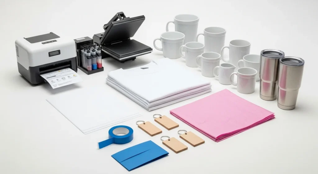Flat lay of essential sublimation tools including printer with ink, heat press, sublimation paper, blank mugs, tumblers, polyester t-shirts, MDF blanks, heat tape, and butcher paper.