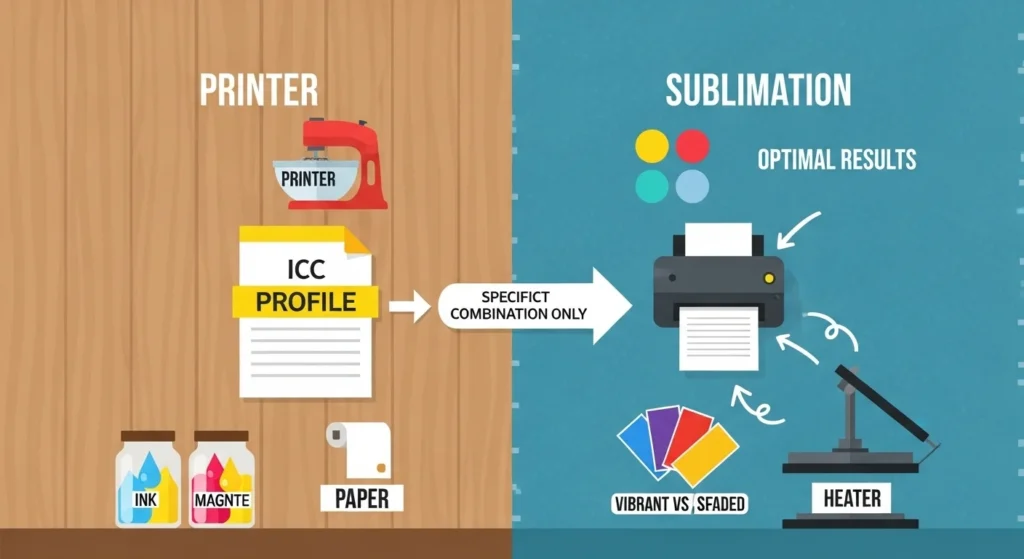 Visual showing printer, inks, papers, and ICC profile setup as a recipe metaphor, highlighting the need for correct combinations for accurate sublimation colors.
