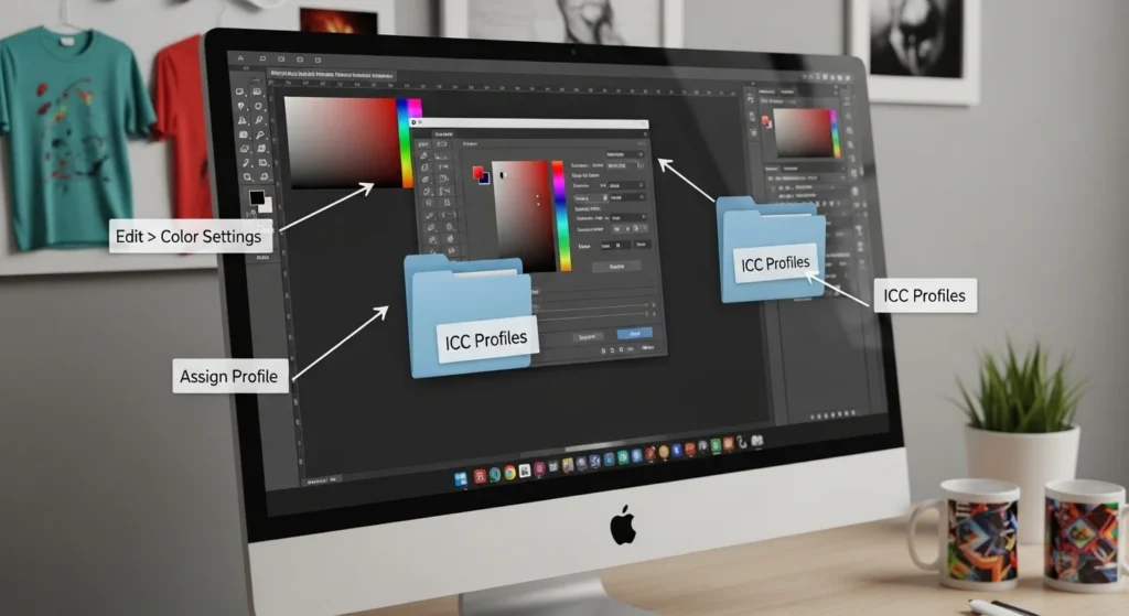 Step-by-step visual showing how to upload and assign an ICC profile in Photoshop, with key menus and options highlighted.