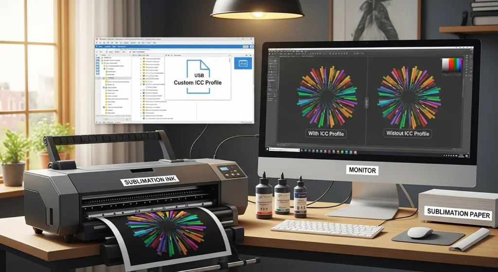 Visual guide showing how an ICC profile ensures accurate color in sublimation printing, with setup components and color comparison.