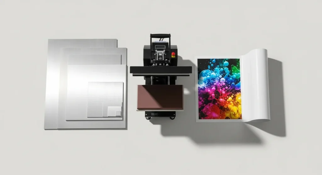 aluminum sheet, a heat press machine and sublimation printed paper on a table.