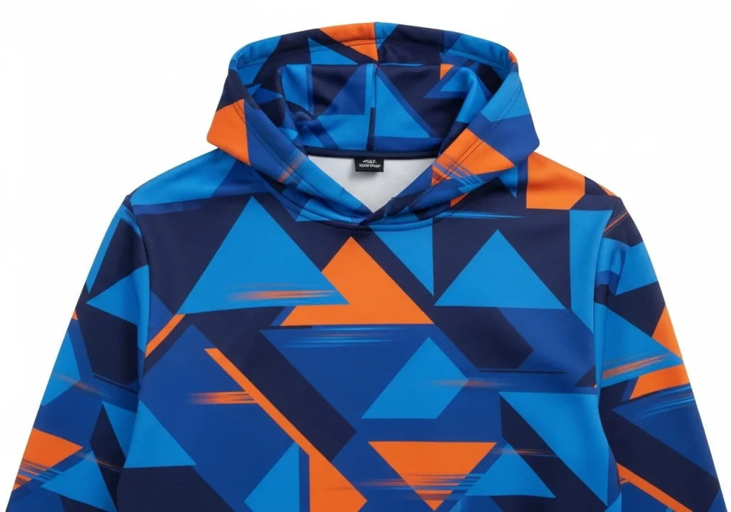 Sublimation hoodie with blue and orange abstract geometric design.