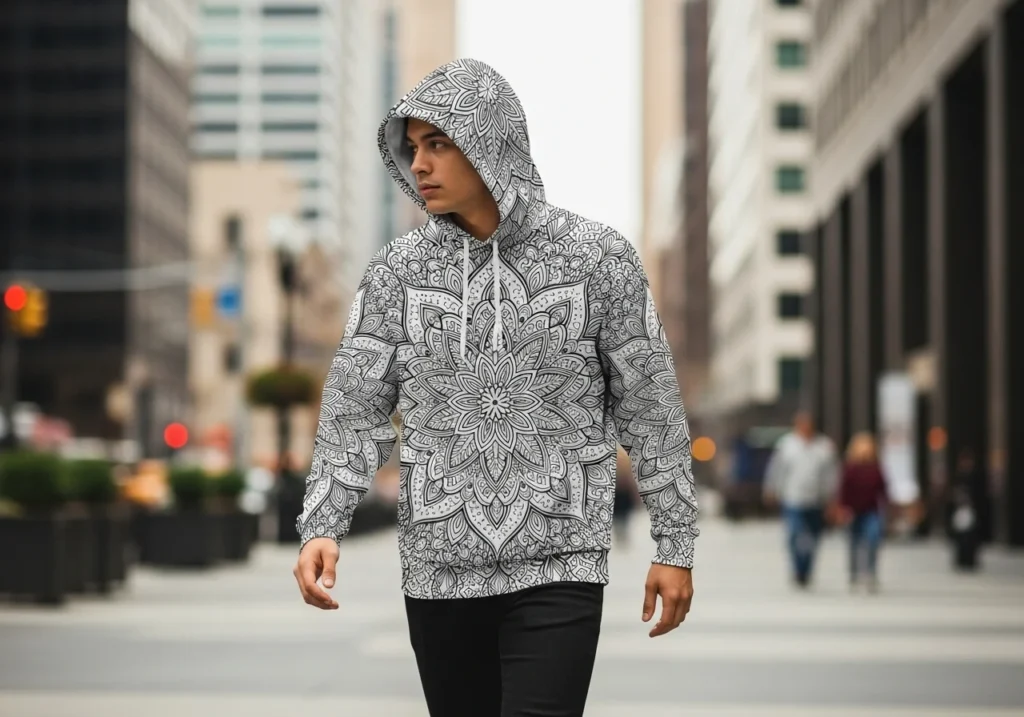 Hoodie with black-and-white all-over mandala sublimation print.