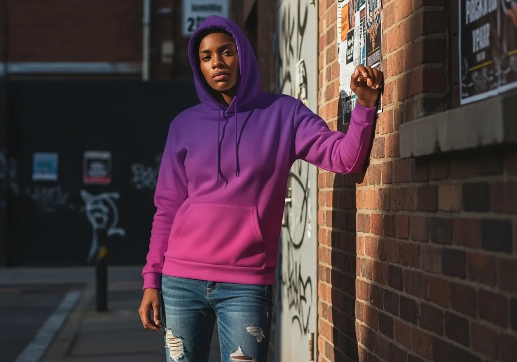 Purple and pink ombre sublimation hoodie styled for streetwear.
