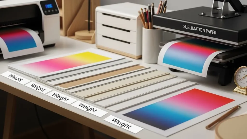 Different sublimation paper weights and test prints displayed next to a printer and heat press, showing how paper choice affects print quality and color transfer