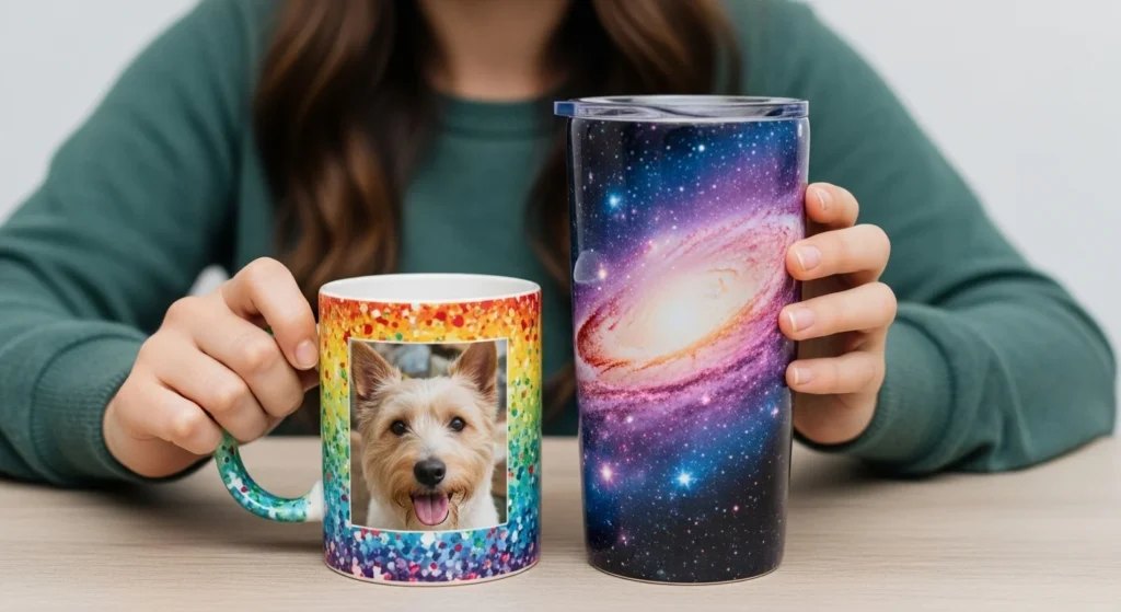 A sublimation-ready mug with a vibrant pet photo design and a tumbler with a galaxy print, created using a mug press at 380°F.