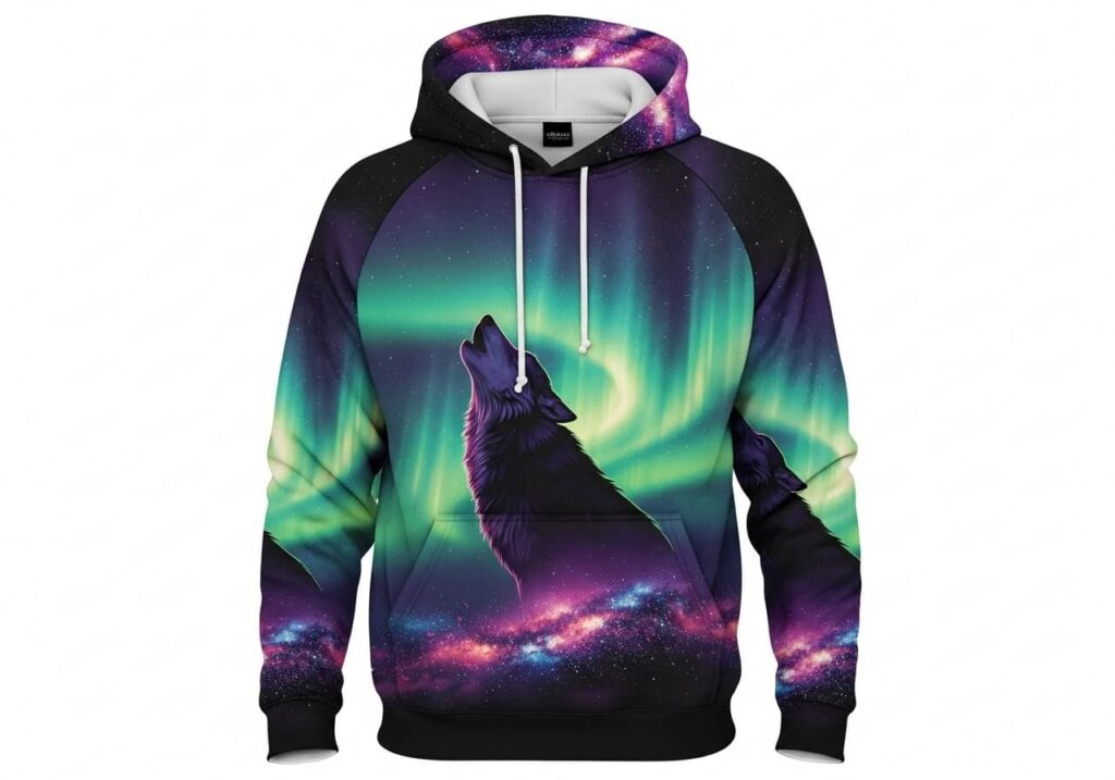Galaxy sublimation hoodie with wolf and aurora borealis design.