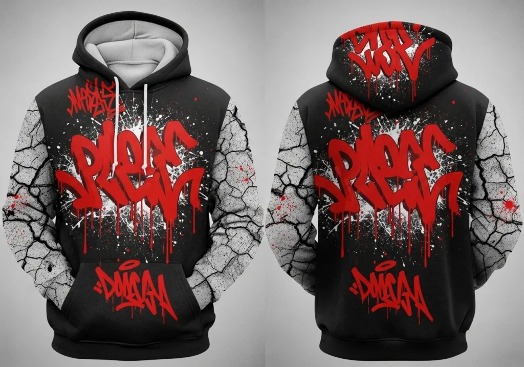 Graffiti-themed sublimation hoodie with street art influence.