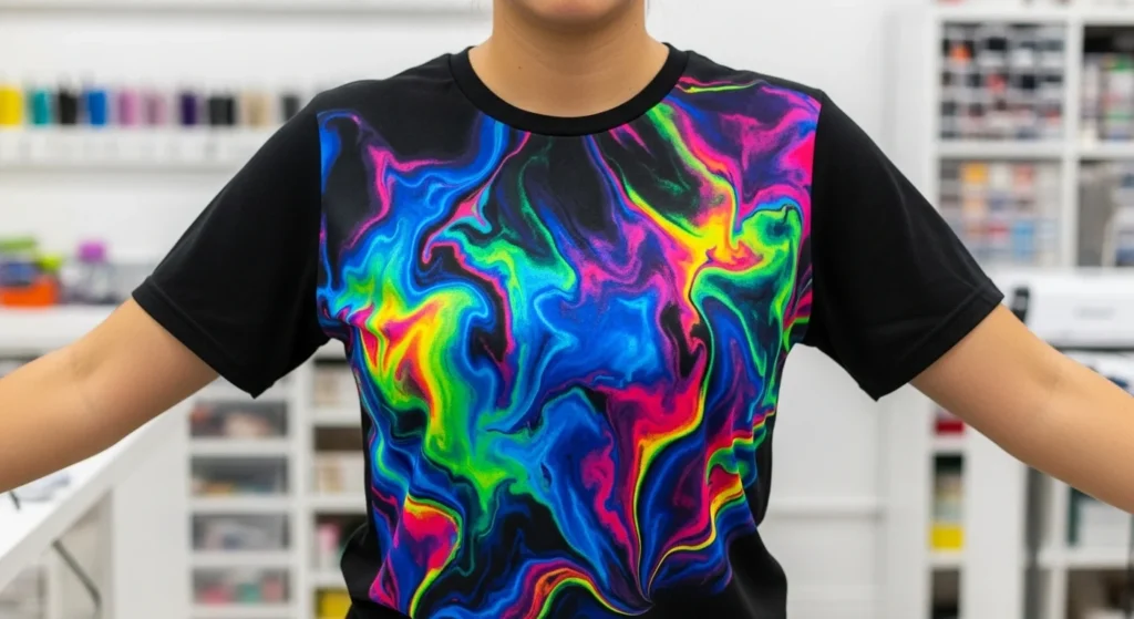 A person show sublimation work on her shirt.
