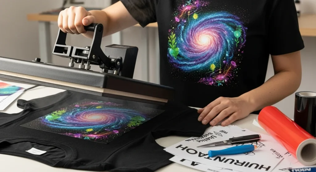 A vibrant sublimation design pressed onto a black polyester shirt using the HTV hack.
