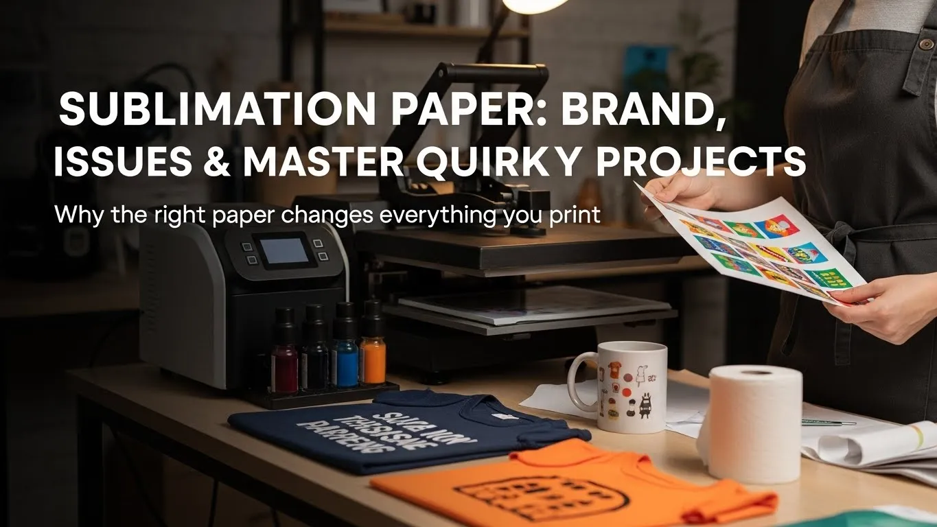 A person in a sublimation printing studio holding a colorful transfer sheet next to a heat press, with mugs, shirts, and novelty sublimation projects visible, titled “Sublimation Paper: Brand, Issues & Master Quirky Projects” with the subtitle “Why the right paper changes everything you print”.