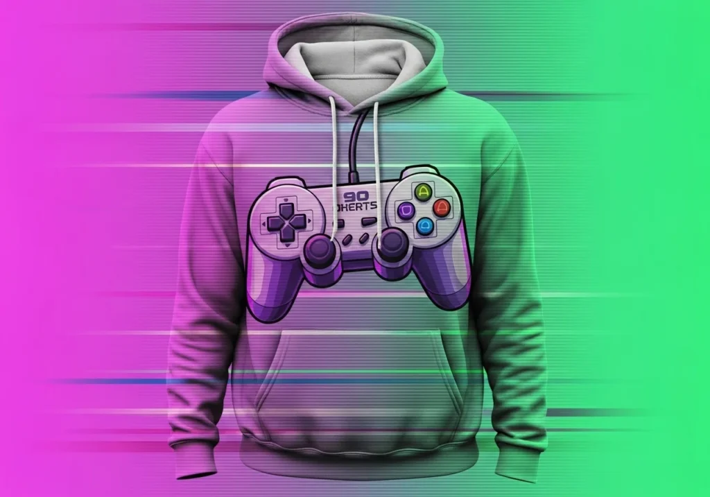 90s-themed sublimation hoodie with vintage gaming graphics.