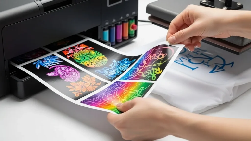 Sublimation paper transferring vibrant dye onto a polyester shirt using a heat press, showing how sublimation ink bonds permanently with fabric
