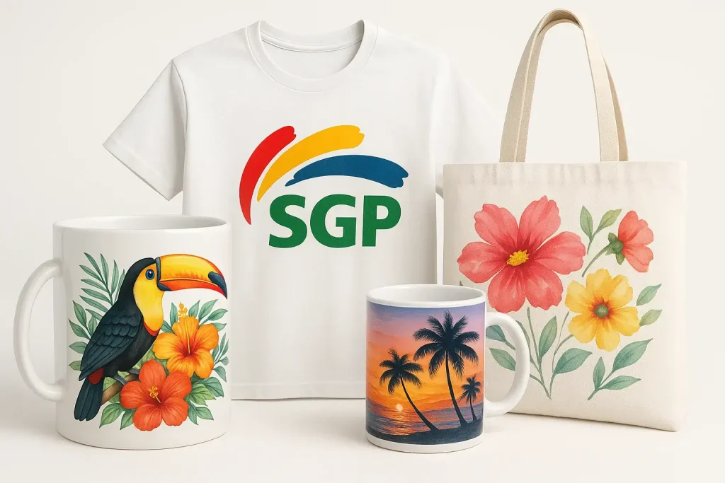 A showcase of sublimation items, including two mugs, a t-shirt, and a tote bag, with vivid designs.